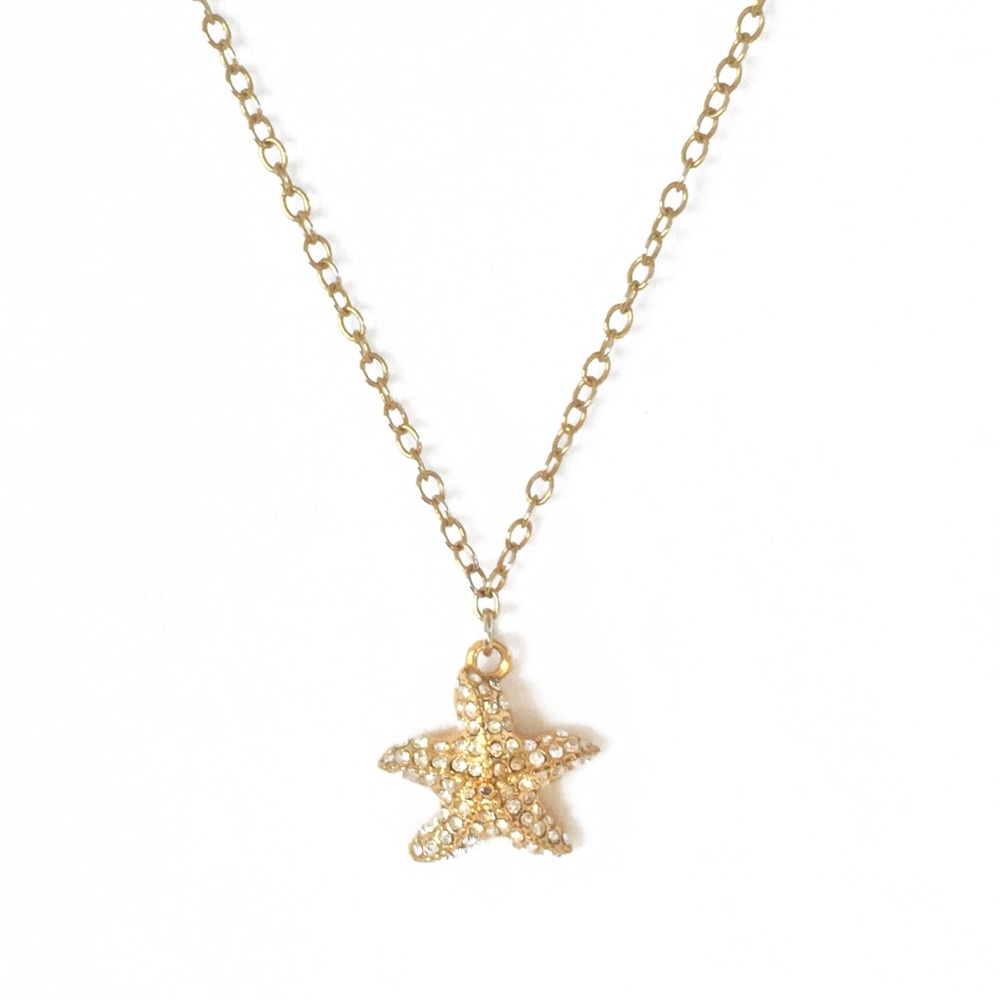 J. Crew Crystal Encrusted Gold Tone Starfish Charm Pendant Necklace - 24" Length